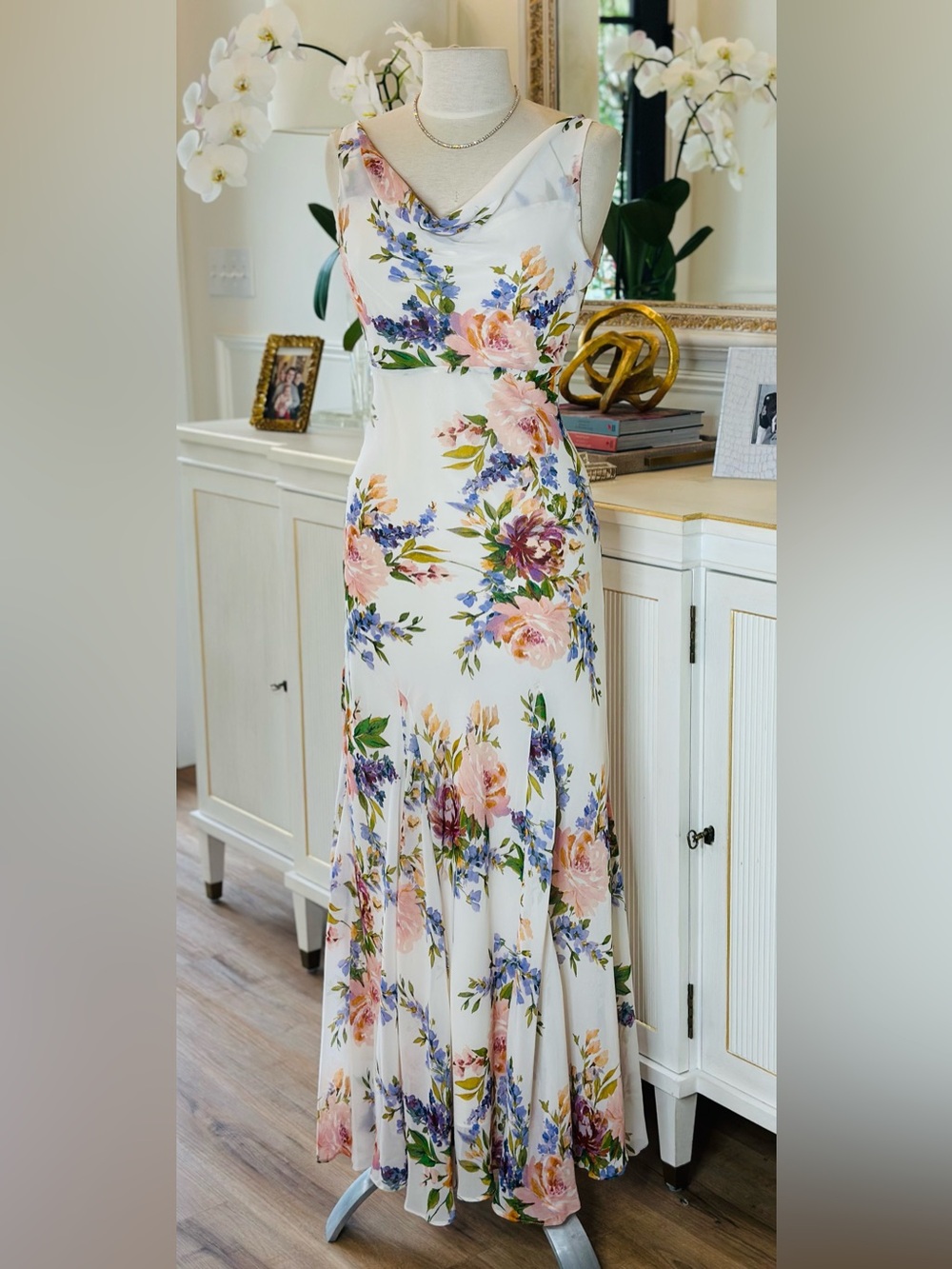 Floral Ivory Maxi Dress with Pink & Blue Blooms